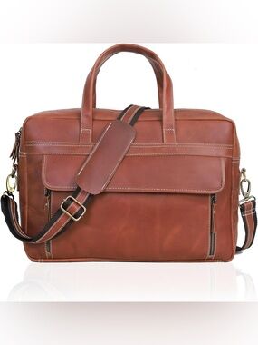 (NEW)Classic Brown Leather Men’s 18” Briefcase - Convertible Shoulder Strap